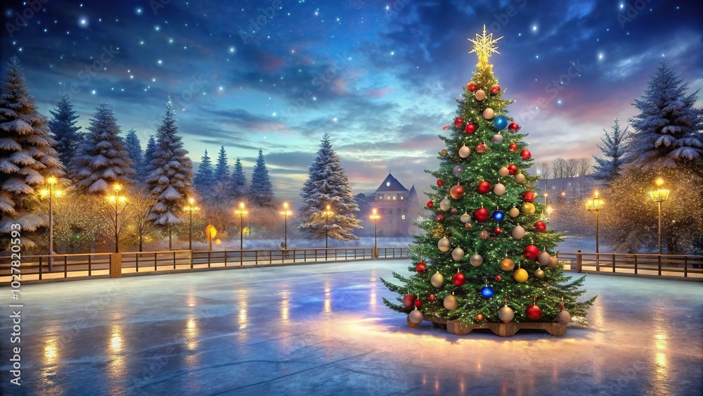 Enchanting Christmas holiday evening at charming skating rink beneath majestic Christmas tree Enchanting Christmas holiday evening at charming skating rink beneath majestic Christmas tree