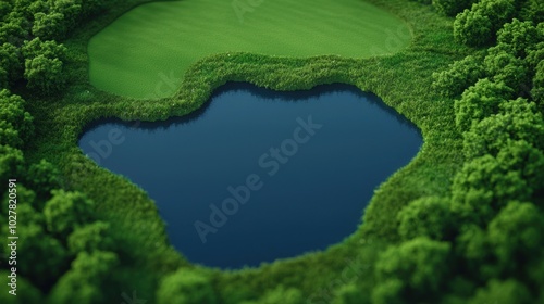 Aerial view of a serene lake surrounded by lush greenery.