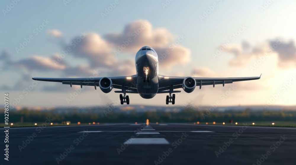 Airplane taking off from runway at sunset Airplane taking off from runway at sunset