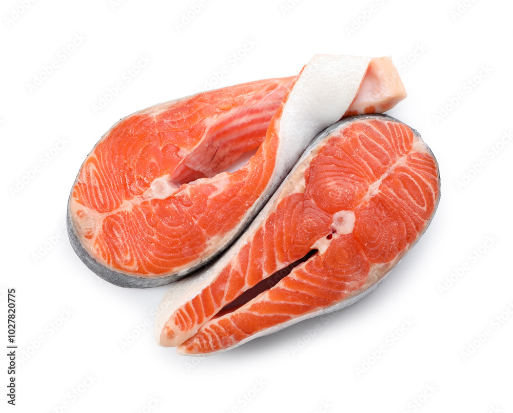 Two fresh salmon steaks isolated on white, top view Two fresh salmon steaks isolated on white, top view