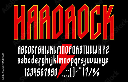 Rock music font, punk typeface, heavy metal musical type, rock and roll english alphabet. Grunge letters and numbers font vector typography with lightning on black background. Heavy metal music type