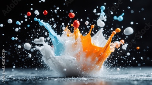 A dynamic explosion of orange, blue, and white paint splashes against a black canvas, representing an abstract and vibrant burst of artistic expression.