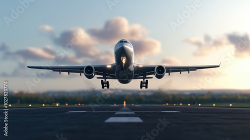 Airplane taking off from runway at sunset