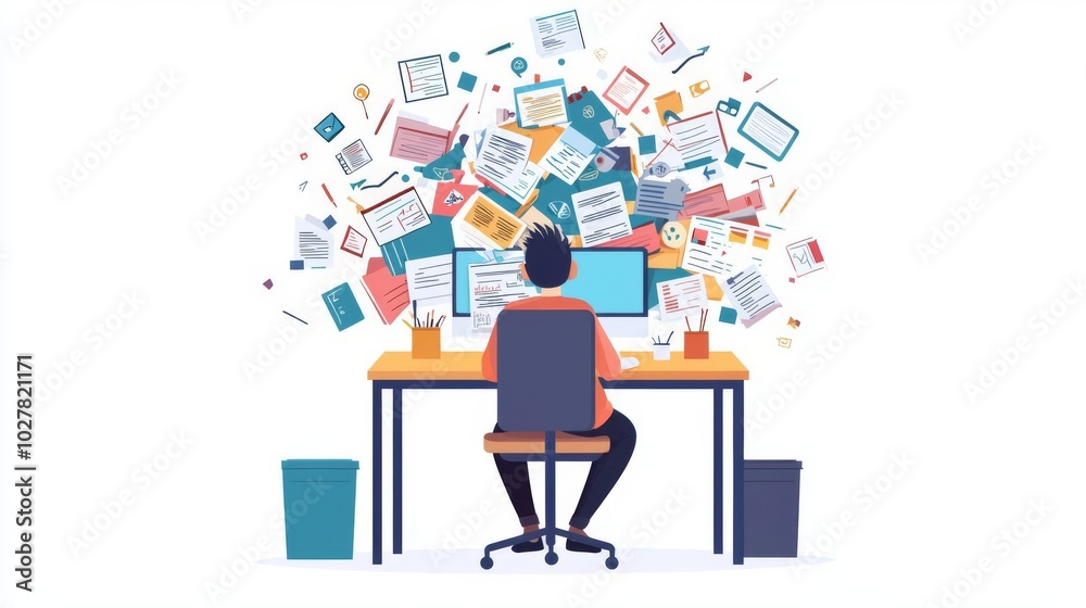 A person working on a computer surrounded by an overwhelming amount of paperwork, illustrating chaos in the workspace. A person working on a computer surrounded by an overwhelming amount of paperwork, illustrating chaos in the workspace.