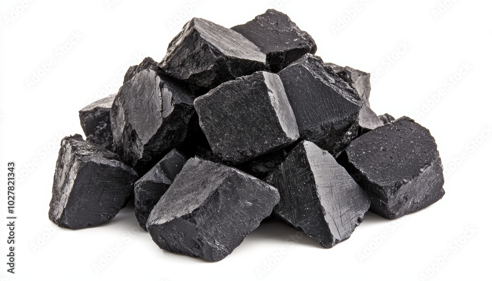 Pile of black coal chunks isolated on a white background, showcasing raw energy resources with rough texture Pile of black coal chunks isolated on a white background, showcasing raw energy resources with rough texture