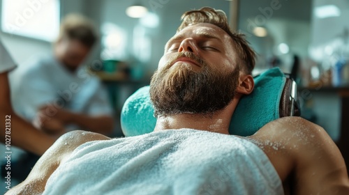 A calm person rests with closed eyes post spa treatment, embodying serenity and rejuvenation in a soothing environment, bathed in soft, peaceful lighting. photo