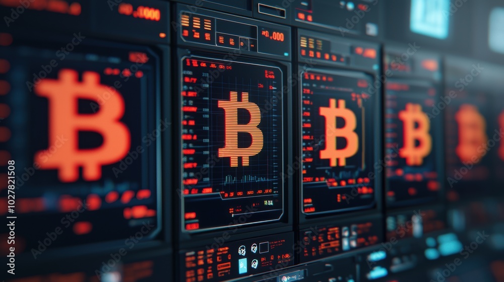 Bitcoin mining equipment in a digital setup Bitcoin mining equipment in a digital setup