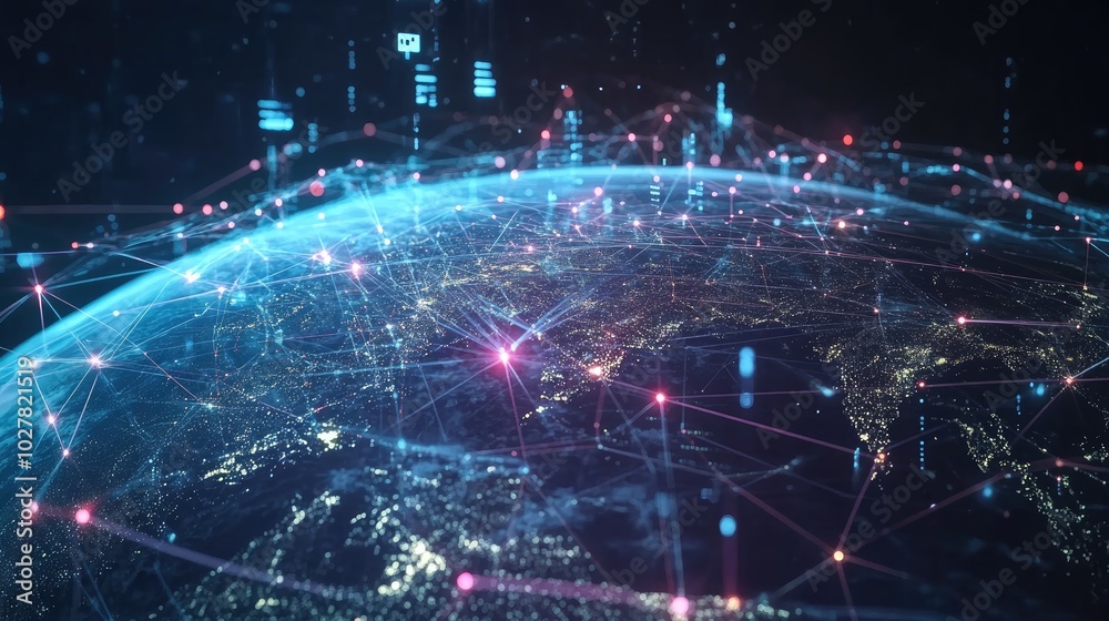 Modern global network visualization with animated digital connections and bright nodes on a 3D earth model Modern global network visualization with animated digital connections and bright nodes on a 3D earth model