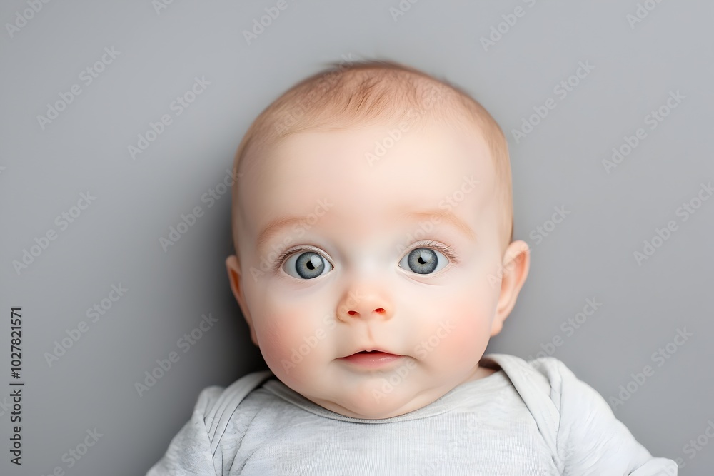 Captivating Infant with Wide Eyed Wonder Against Minimalist Grey Backdrop Captivating Infant with Wide Eyed Wonder Against Minimalist Grey Backdrop