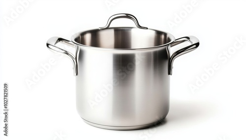 Polished stainless steel stockpot with a clean, minimalistic design, isolated on white, ideal for professional and home cooking