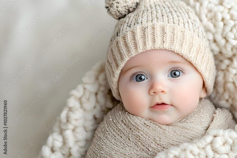 Cozy Baby in Knit Hat Wrapped in Soft Blanket Delicate Features Highlighted by Warm Lighting