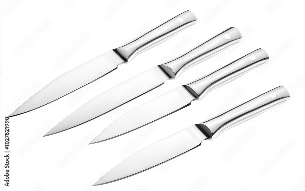 Obraz premium Set of stainless steel knives with polished blades, isolated on a white background, designed for precision and elegance in the kitchen