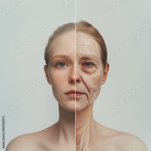 Hyperrealistic close-up of a woman's face split down the middle. One half of her face is young, smooth and radiant, while the other half is aged, wrinkled and marked by time.