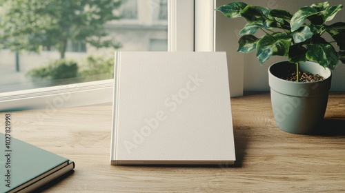 Blank notebook on wooden desk with plant. photo