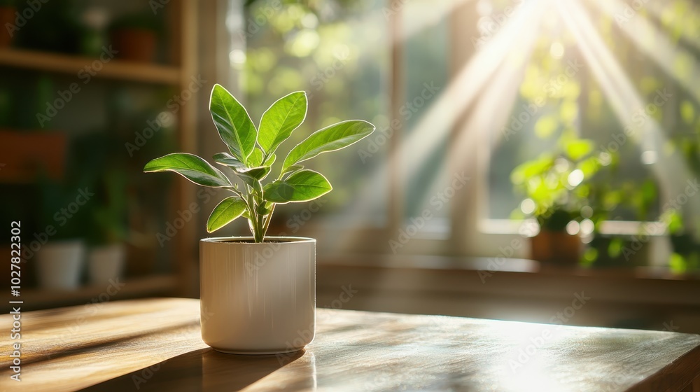 A solitary potted plant basks in the gentle sunlight filtering through a large window, highlighting the soothing and serene atmosphere of the indoor space. A solitary potted plant basks in the gentle sunlight filtering through a large window, highlighting the soothing and serene atmosphere of the indoor space.