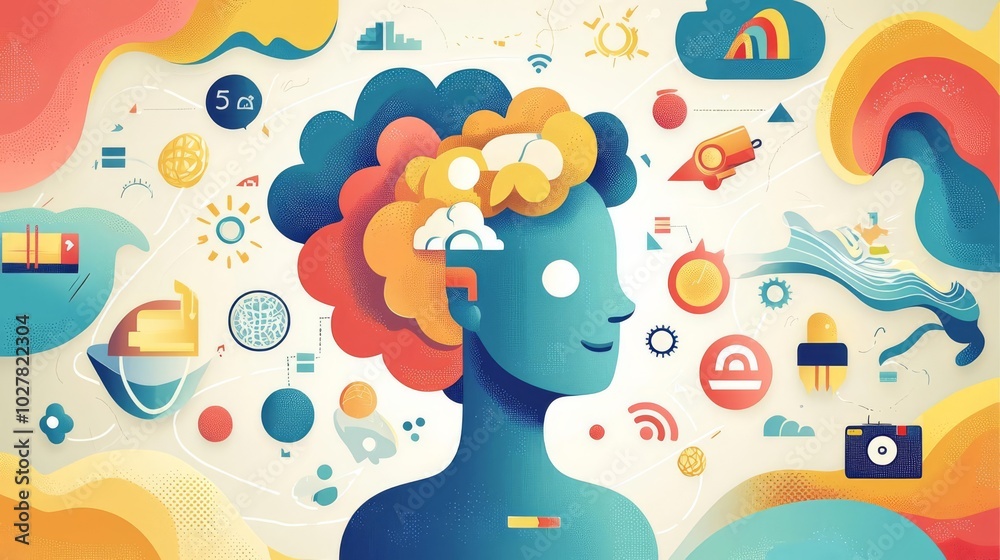 A creative illustration depicting a colorful mind with symbols representing ideas, technology, and innovation. A creative illustration depicting a colorful mind with symbols representing ideas, technology, and innovation.