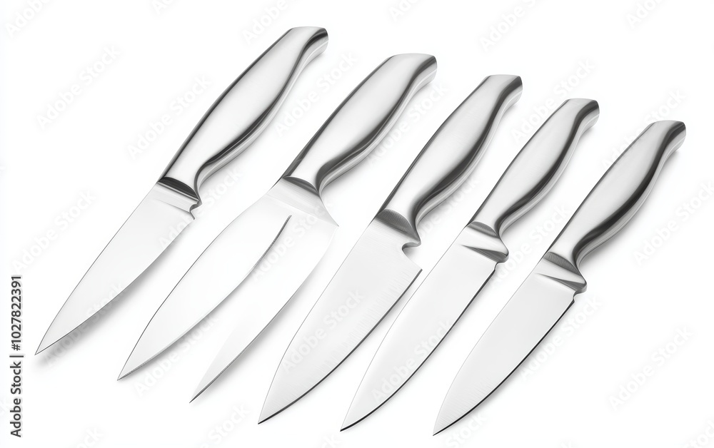 Obraz premium Sleek and modern stainless steel kitchen knife set, isolated on white background, featuring a professional and elegant design