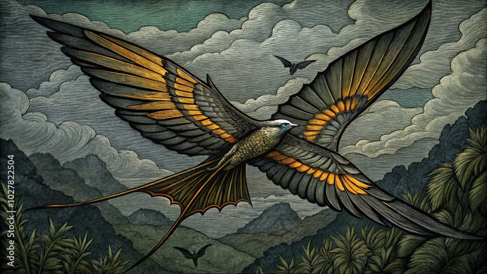Naklejka premium A stylized bird with yellow and black wings soars through the clouds, its long tail trailing behind.