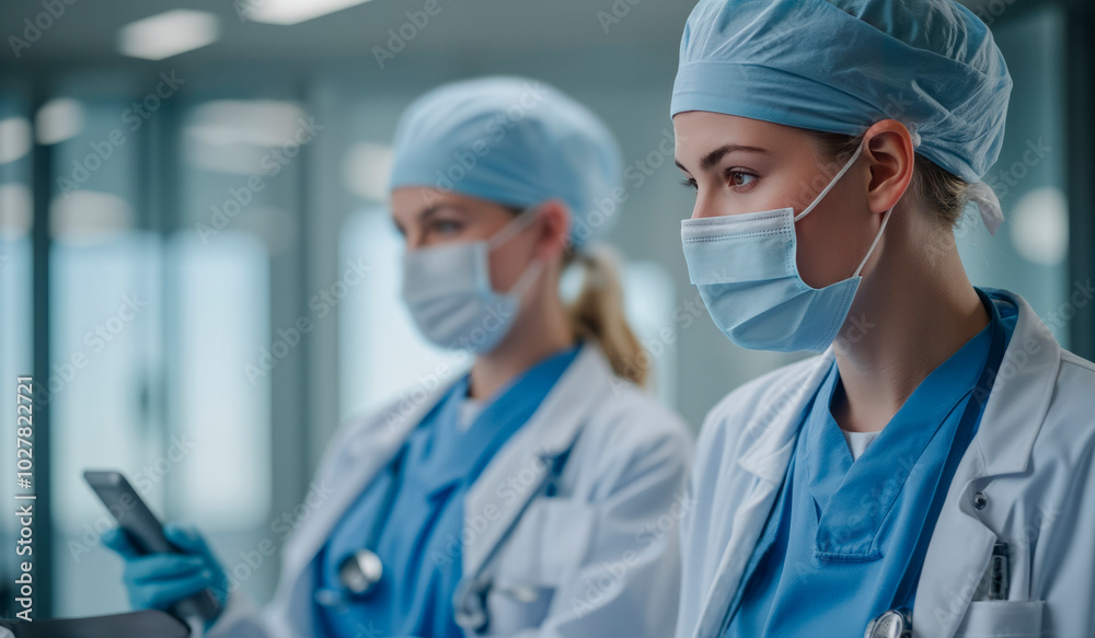 Two female doctors discussing patient information on tablet in hospital. Two female doctors in masks discussing, Highlighting collaboration in a medical setting Two female doctors discussing patient information on tablet in hospital. Two female doctors in masks discussing, Highlighting collaboration in a medical setting