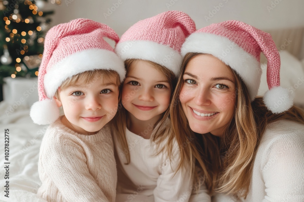 A joyful woman and two cheerful kids wear pink and white hats A joyful woman and two cheerful kids wear pink and white hats