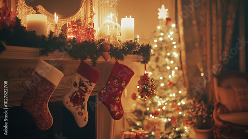 Christmas Fireplace Decor with Stocking, Candles and a Decorated Christmas Tree photo