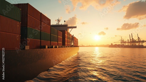 Cargo ship at sunset near the harbor