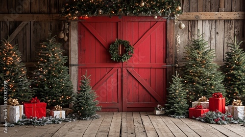 Rustic Holiday Scene with Red Barn Doors, Christmas Trees, and Festive Decorations in a Cozy Wooden Setting photo