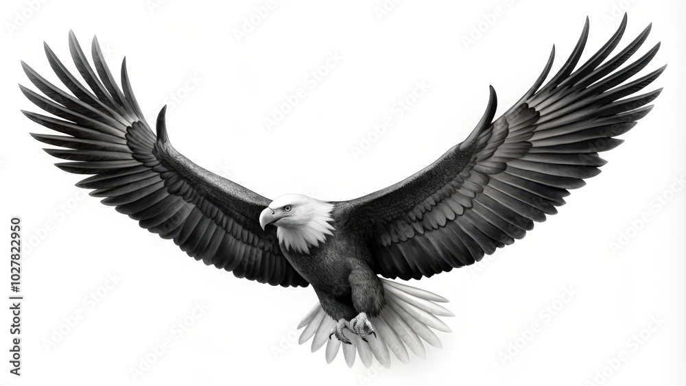 Obraz premium Bald Eagle in Flight with Spread Wings Against a White Background