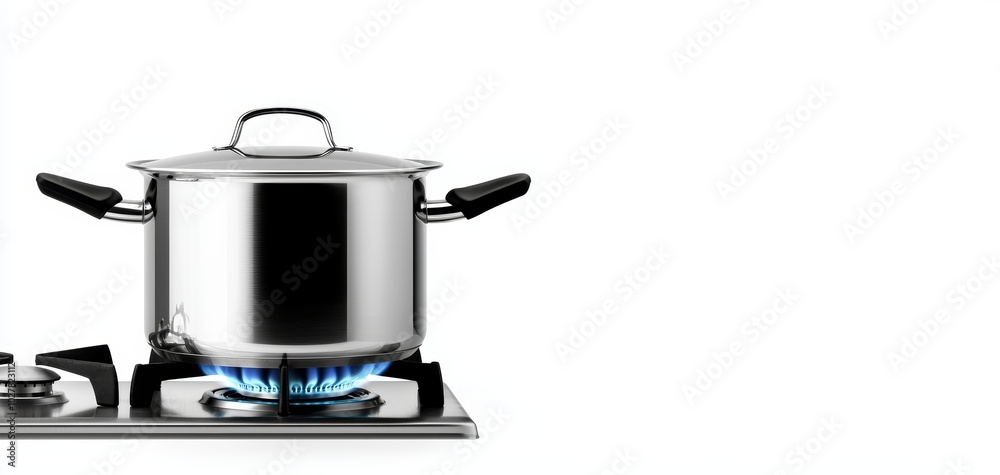 Stainless steel pot with black handles on a gas stove, blue flame visible, isolated on white, representing modern cooking essentials
