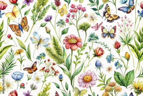 Ethereal wildflowers and leaves watercolor seamless pattern