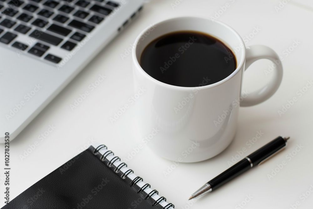 Laptop on white table. Notebook with pen, black coffee mug Laptop on white table. Notebook with pen, black coffee mug