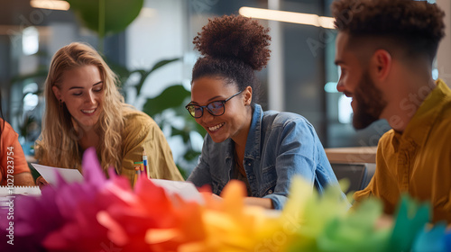 An LGBTQ employee resource group organizing an inclusive charity event in the office preparing banners flyers and colorful decorations with a focus on community and support.