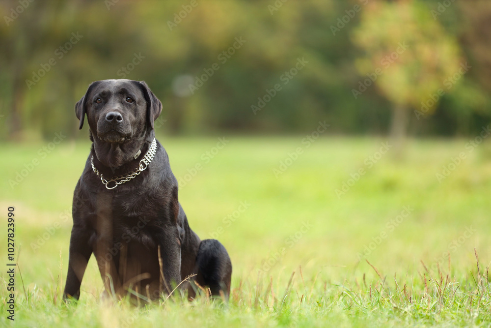 Adorable Labrador Retriever dog sitting on green grass. Space for text Adorable Labrador Retriever dog sitting on green grass. Space for text