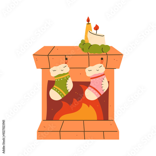 Christmas mantel with socks and candles on white background