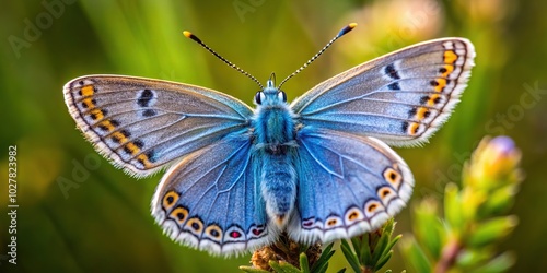 A close up photograph of a silver studded blue butterfly taken at eye level in Cornwall UK, Cornwall, conservation,silver studded blue, stock photo, UK, colorful, delicate photo