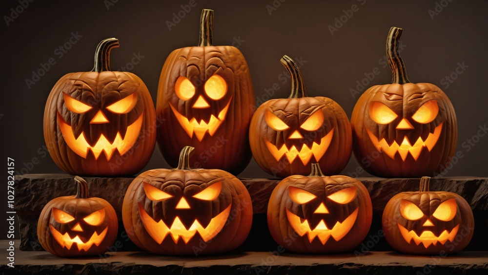 Halloween, pumpkins, jack-o'-lanterns, carved pumpkins, autumn, fall, orange, spooky, scary, festive, holiday, decoration, glowing, faces, expressions, lineup, row, various sizes, illuminated, candles Halloween, pumpkins, jack-o'-lanterns, carved pumpkins, autumn, fall, orange, spooky, scary, festive, holiday, decoration, glowing, faces, expressions, lineup, row, various sizes, illuminated, candles