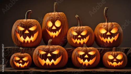 Halloween, pumpkins, jack-o'-lanterns, carved pumpkins, autumn, fall, orange, spooky, scary, festive, holiday, decoration, glowing, faces, expressions, lineup, row, various sizes, illuminated, candles