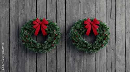 Christmas wreaths with red bows on rustic wooden background.