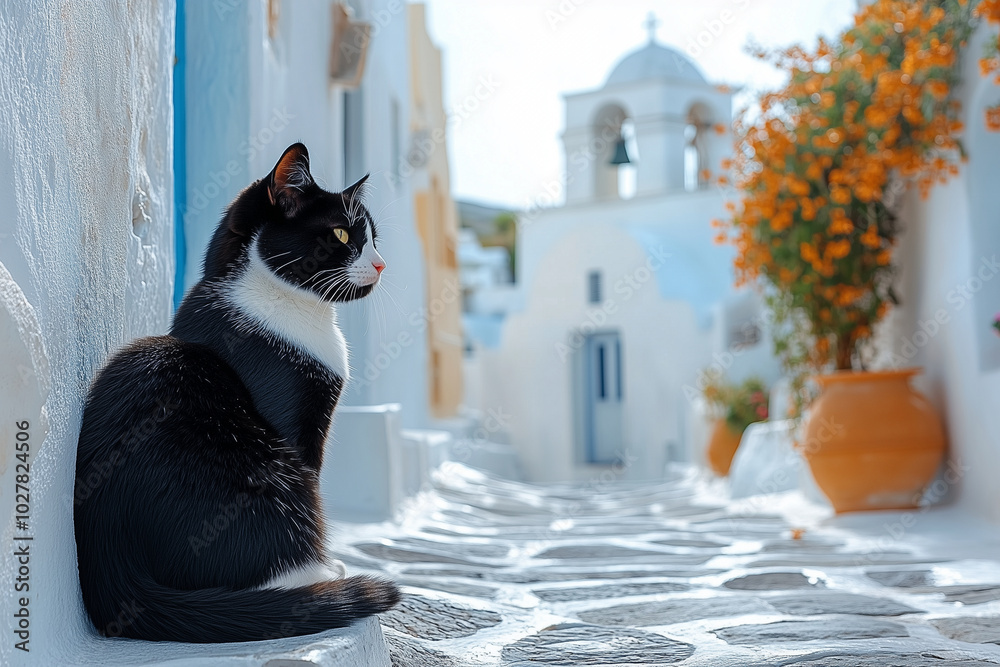 Obraz premium A serene black and white cat perched in a picturesque alley of a sunlit Greek village