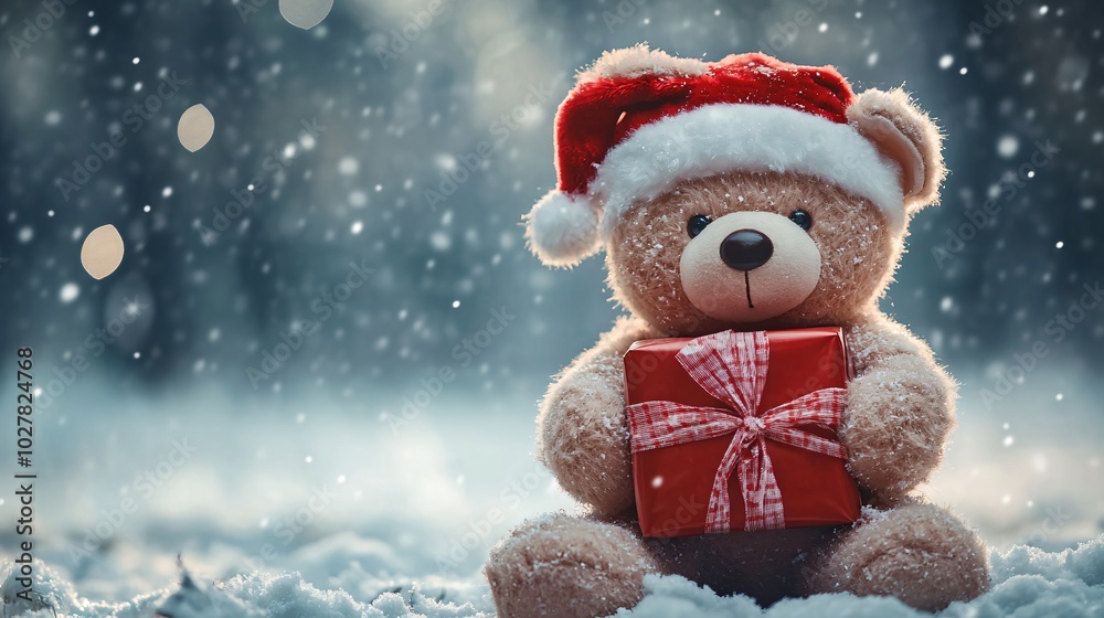 Cute Teddy Bear in Santa Hat Holding Gift in Snowy Winter Wonderland with Falling Snowflakes
