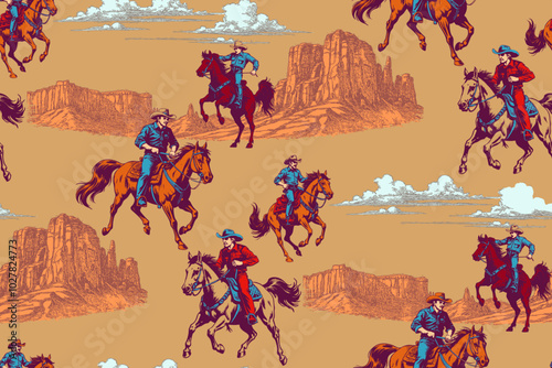 Cowboy rides a horse. Seamless pattern for fabric, t-shirts and more.