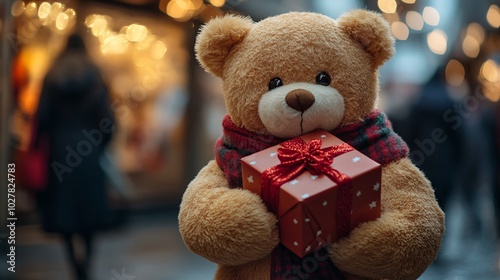 Cozy Teddy Bear Holding a Festive Gift Box in a Warm Holiday Setting with Twinkling Lights