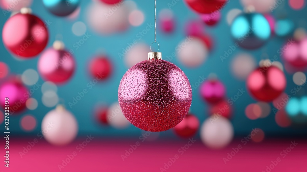 Obraz premium Colorful Christmas ornaments hanging on a vibrant background.