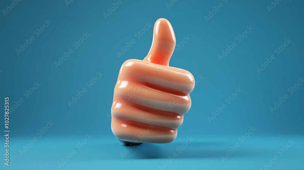 Realistic 3D Render of a Thumbs Up Gesture Against a Vibrant Blue Background for Positive and Approval Concepts