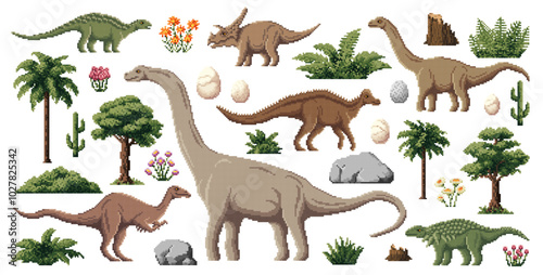 8 bit pixel art prehistoric dinosaurs for game assets, vector lizards and dino eggs. Jurassic park or prehistoric video game assets of pixel dinosaurs T-rex tyrannosaurus, triceraptors or brontosaurus