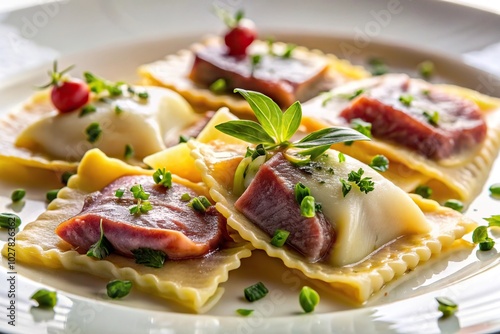 Extreme close-up image of delicious beef ravioli and fish gastronomy