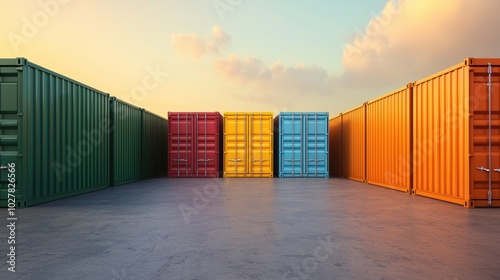 Colorful shipping containers, clear sky background