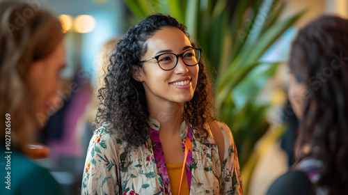 An LGBTQ networking event at a tech company with employees and allies mingling discussing career growth and mentorship opportunities in a welcoming environment.