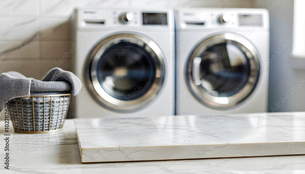 White marble tabletop with blurred background of a laundry room, backdrop for detergents products display White marble tabletop with blurred background of a laundry room, backdrop for detergents products display