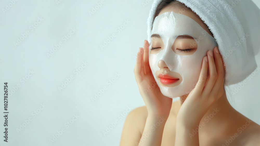 Beautiful asian woman wearing a white towel on her head, applying a cream to her face isolate on white background, skin care advertising model Beautiful asian woman wearing a white towel on her head, applying a cream to her face isolate on white background, skin care advertising model